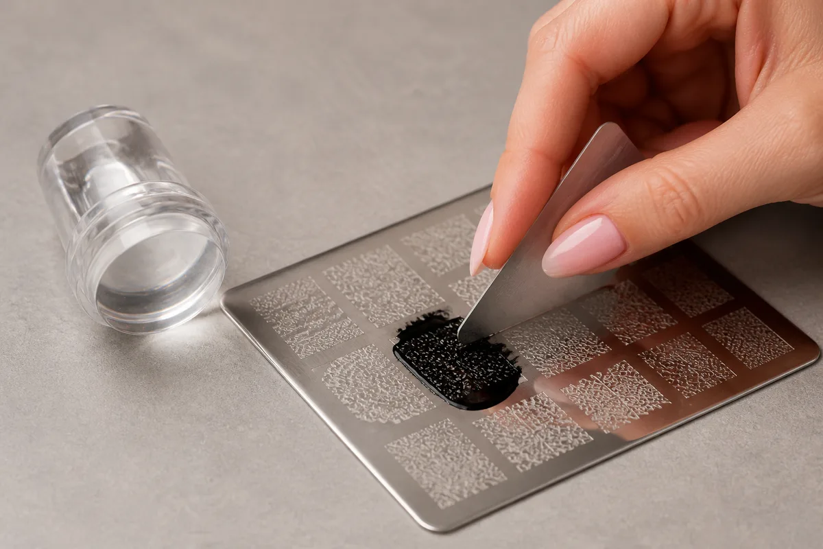 Plaque de stamping en acier gravée et tampon en silicone posés sur un plan de travail