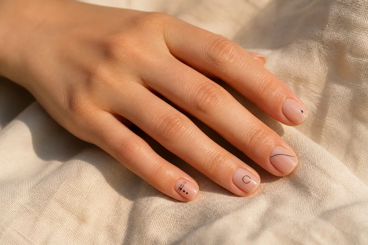 Ongles decores de motifs geometriques fins realises au stamping