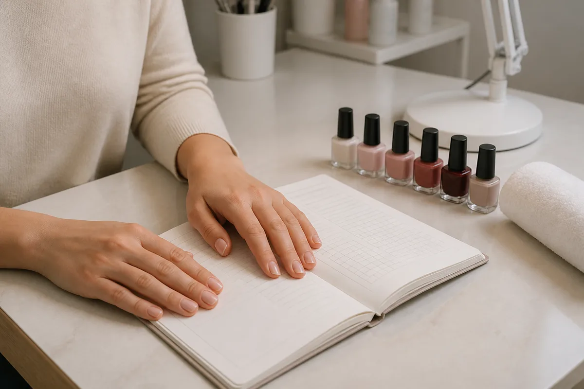 Mains d’une personne aux ongles courts posées sur un carnet de suivi