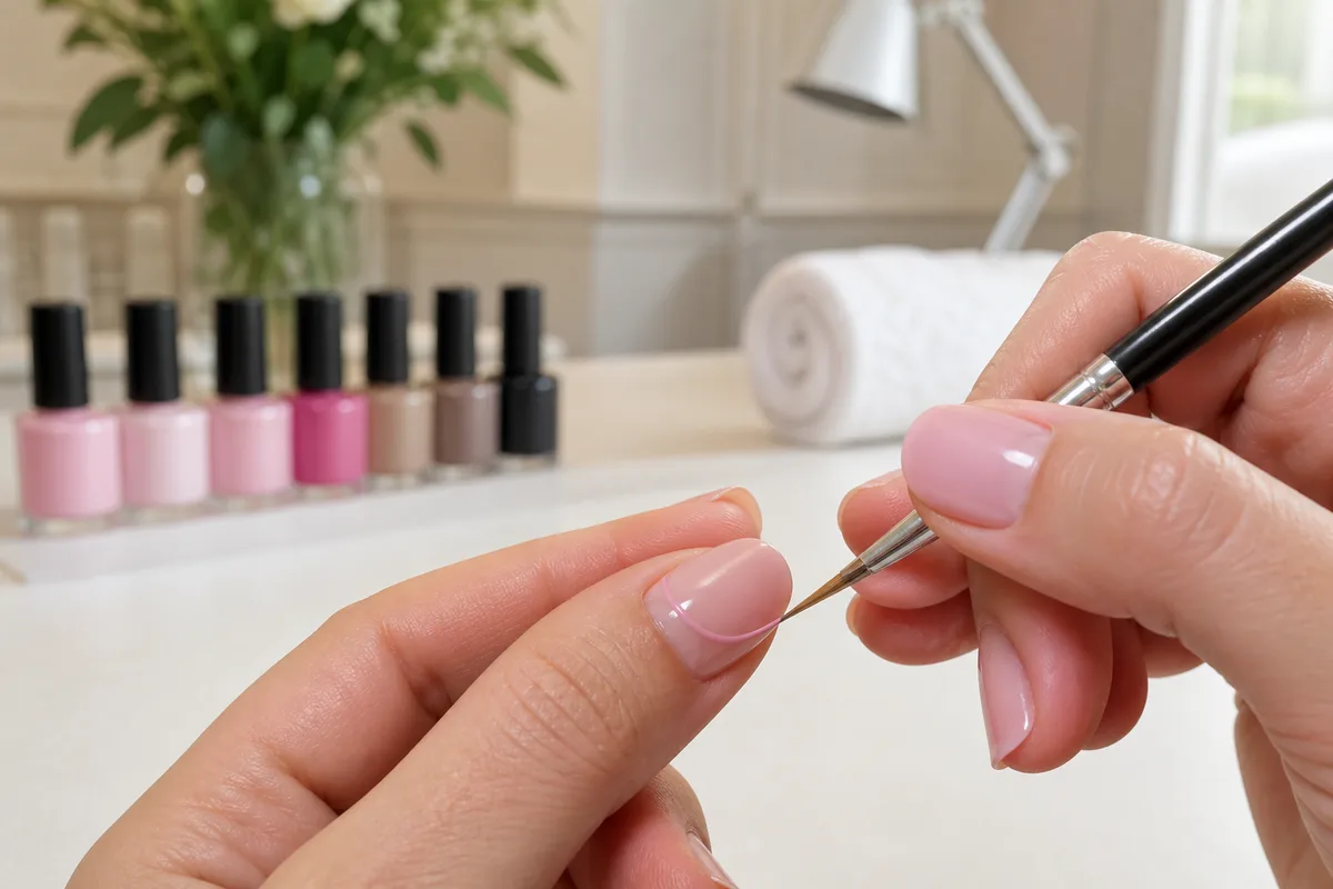 Pinceau fin traçant une ligne de sourire sur un ongle en gel