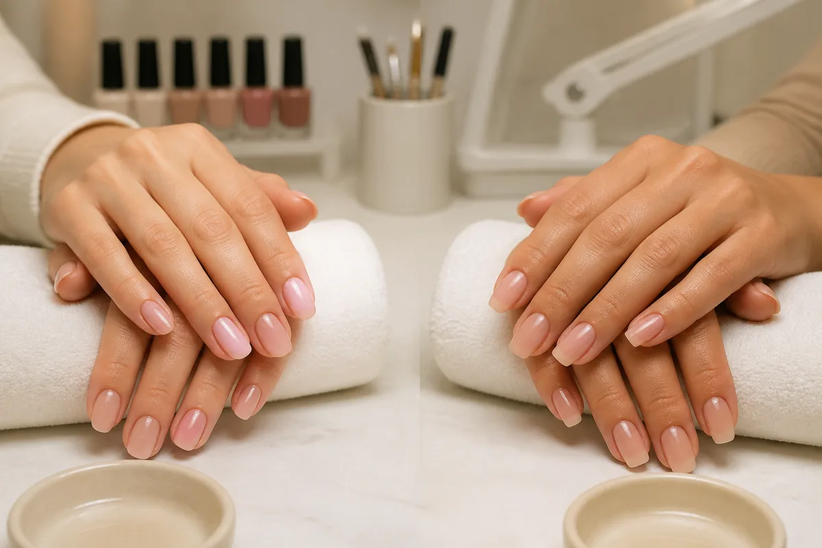 Comparaison côte à côte d&rsquo;une pose gel et d&rsquo;une pose résine sur des ongles