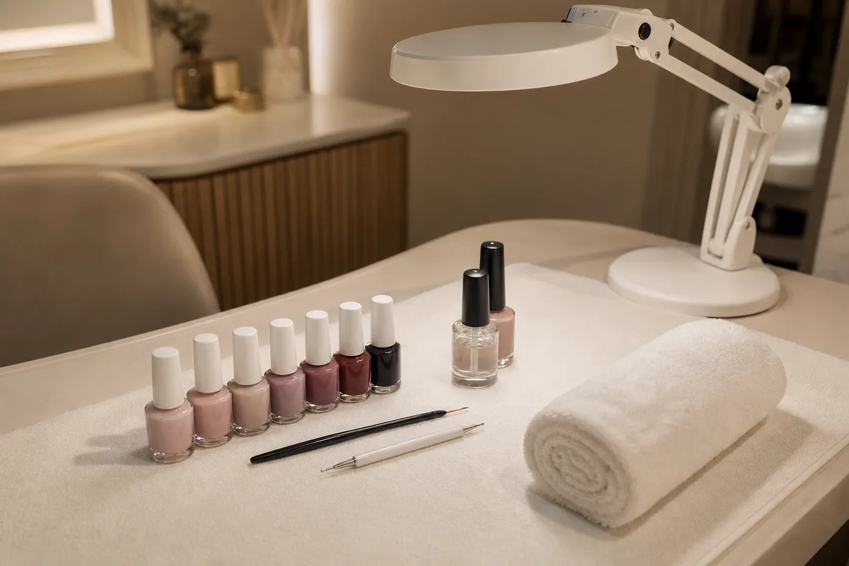 Matériel de nail art posé sur une table : pointeuse, pinceau fin et vernis