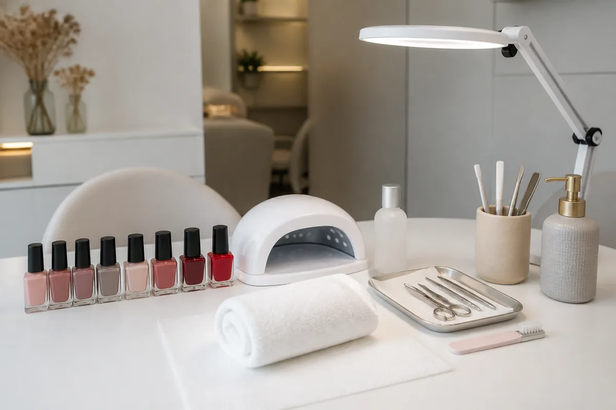 Poste de travail d’une onglerie avec lampe UV et instruments désinfectés