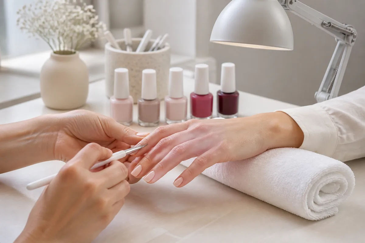 Mains d’une cliente lors d’une prestation de manucure en salon