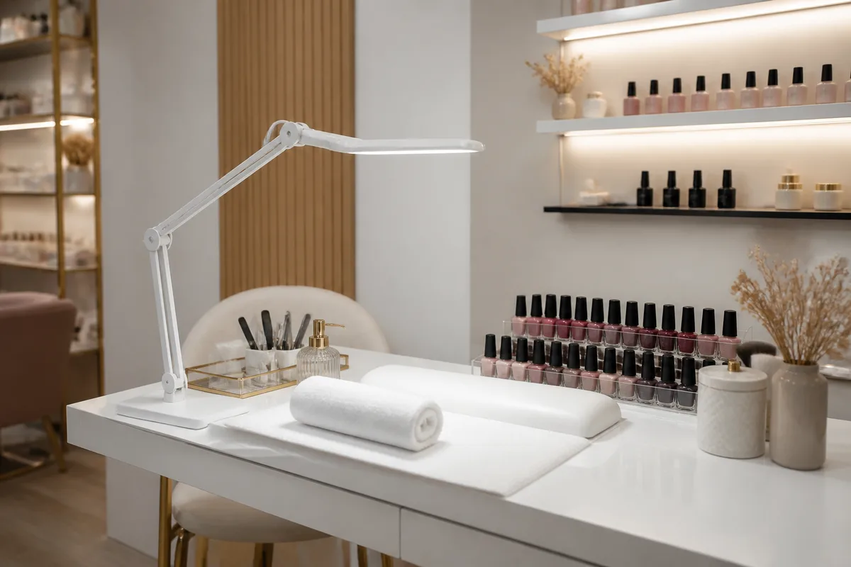 Poste de travail complet dans un salon d’onglerie récemment installé