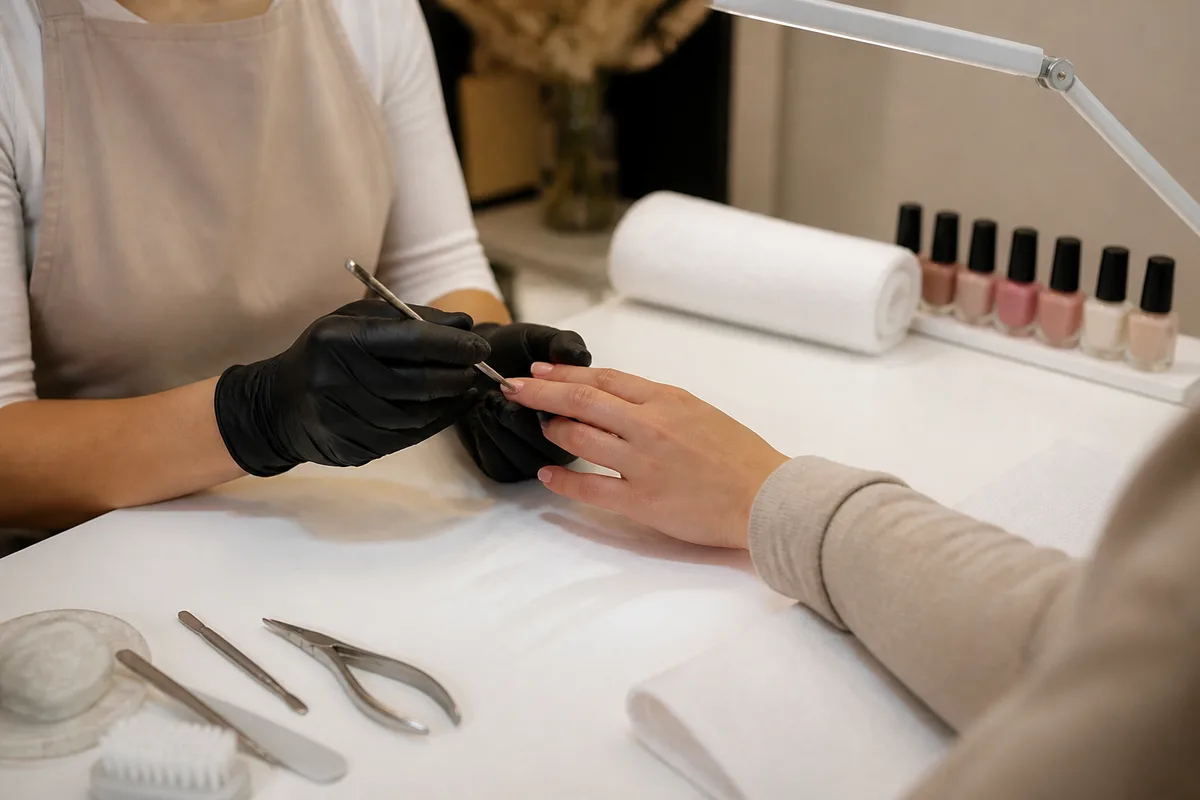 Prothésiste ongulaire travaillant sur une pose dans son salon