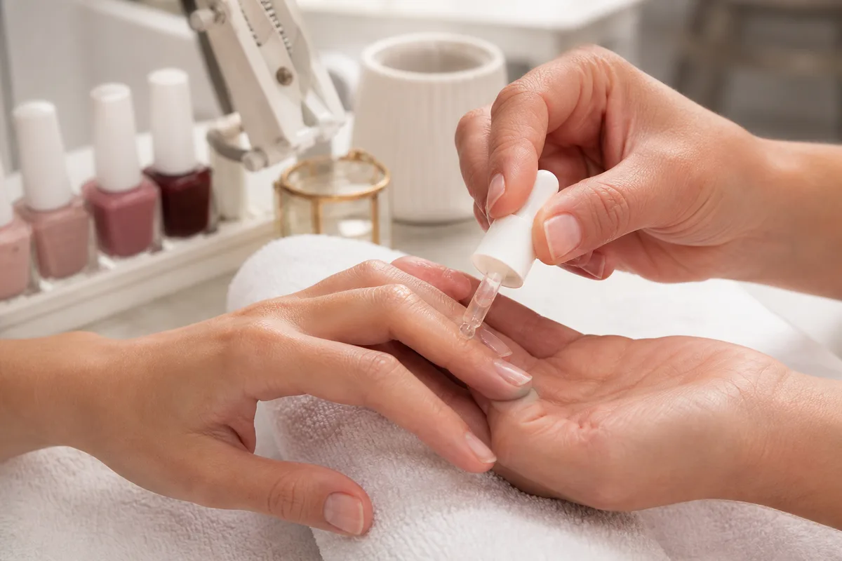Application d’huile à cuticules sur des ongles courts en cours de repousse